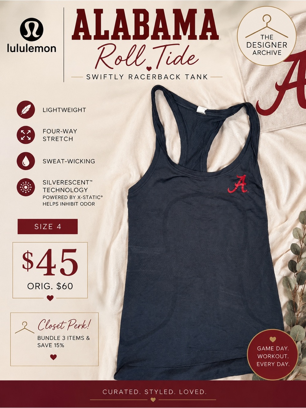 Lululemon Swiftly Racerback Tank Alabama Crimson Tide Size 4
